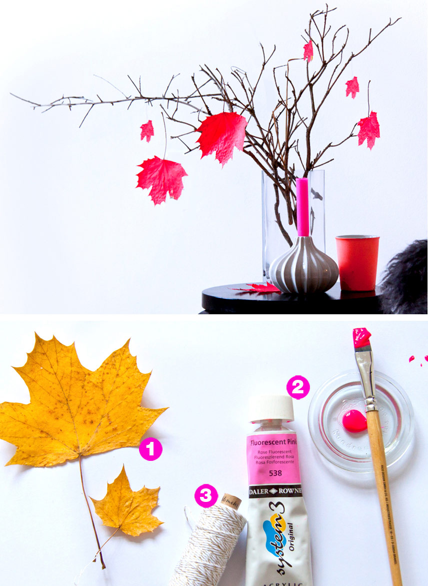 DIY Herbst Deko Idee mit Herbstlaub in Neon Pink ! Einfache Anleitungen und tolle Bastelideen für selbst gemachte Herbstdekoration für Haus oder Garten. Erst im Wald beim Herbstapziergang Blätter, Holz, Zweige & Zapfen sammeln - schnell und einfach Tisch- oder Fenster Dekoration oder Mobile. Tolle zum Basteln mit Klein-Kindern und Kindergruppen. Fall leaf art - Hier gehts zur Anleitung: FAMILICIOUS.de